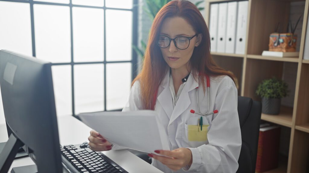 Medical professional reviewing malpractice insurance paperwork at a desk